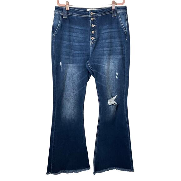 KanCan Jeans Womens Size 31 Blue Flare Distressed High Rise Denim Stretchy Boho - Picture 1 of 12